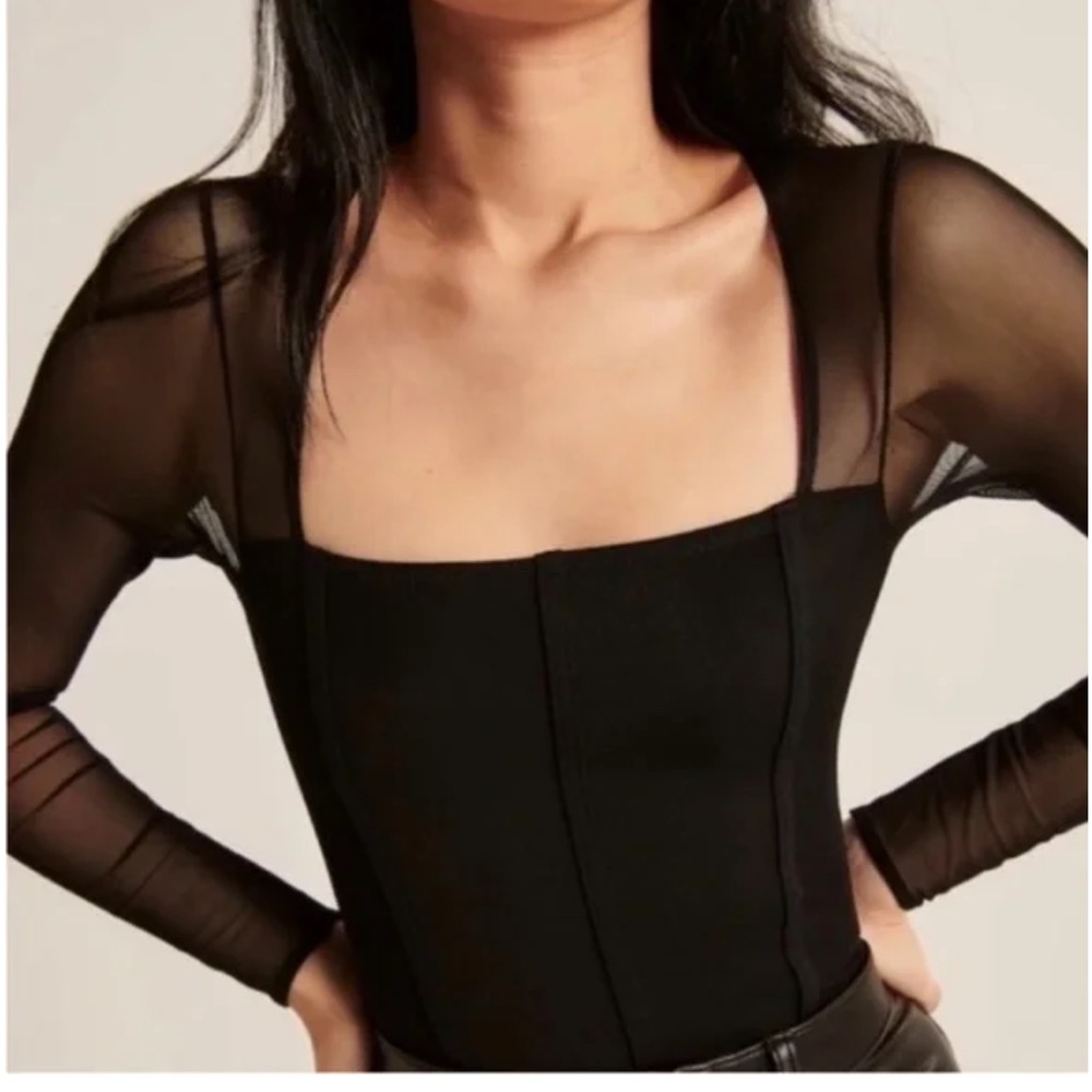 Abercrombie Long-Sleeve Mesh Corset Bodysuit - Medium - Black